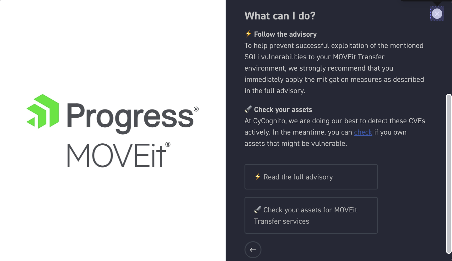 The alert sent by CyCognito for the MOVEit Transfer series of vulnerabilities.